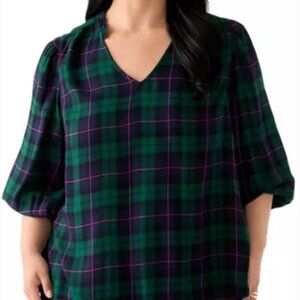 ⭐ NEW NWT Crown & Ivy 3/4 Puff Sleeve plaid peasant top size XXL